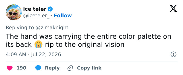 A tweet by ice teler user @iceteler_ lamenting the original vision of Ryan Gosling's decade-long mistake, highlighting an unexpected cost.