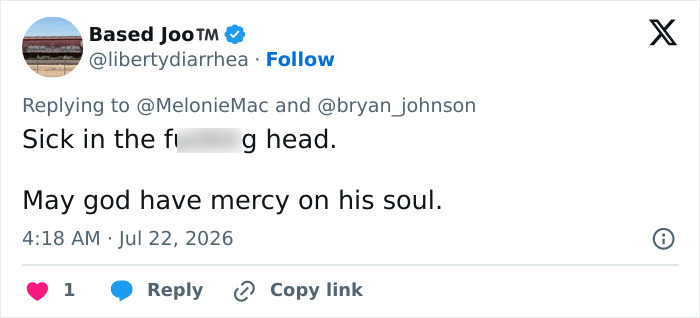 A Twitter reply from Based Joo about biohacker Bryan Johnson and his baby cloning reveal, saying 'Sick in the f*****g head'. A Twitter reply from Based Joo about biohacker Bryan Johnson and his baby cloning reveal, saying 'Sick in the f*****g head'.