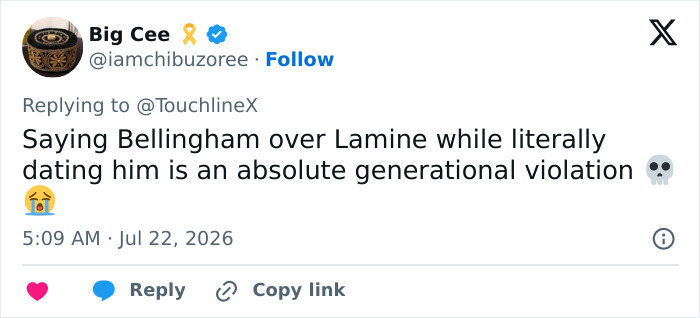 Screenshot of a tweet discussing Lamine Yamal's girlfriend's comments about him. Screenshot of a tweet discussing Lamine Yamal's girlfriend's comments about him.
