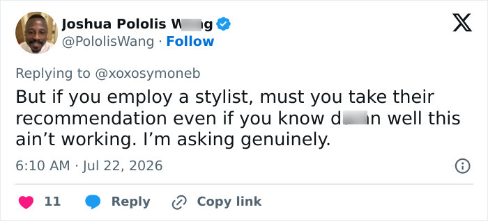A screenshot of a tweet from Joshua Pololis W**g questioning stylist recommendations for Taraji P. Henson's dress choice.