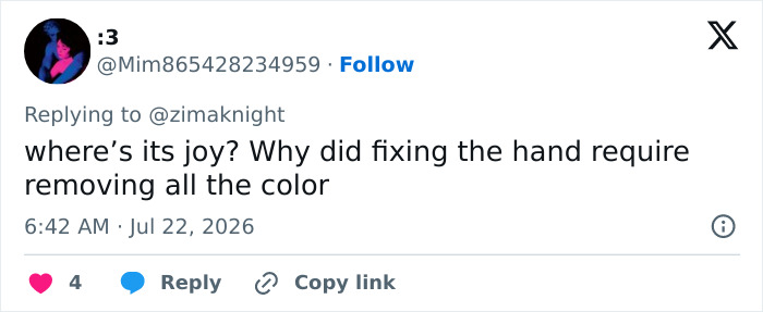 Screenshot of a tweet by :3 questioning the fixing of the hand and color removal for Ryan Gosling.