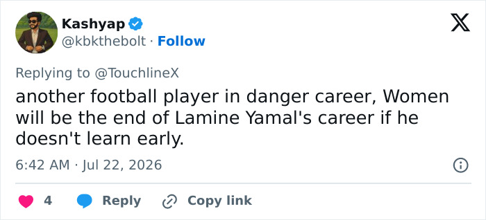 Screenshot of a tweet by Kashyap discussing Lamine Yamal's career and girlfriend's insulting comments. Screenshot of a tweet by Kashyap discussing Lamine Yamal's career and girlfriend's insulting comments.