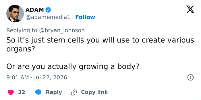 Screenshot of a tweet from ADAM replying to Bryan Johnson about cloning himself as a baby using stem cells Screenshot of a tweet from ADAM replying to Bryan Johnson about cloning himself as a baby using stem cells