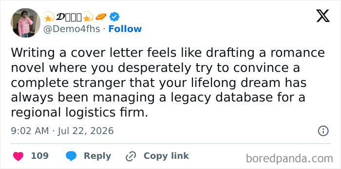 A tweet humorously describing the pain of writing a cover letter for 9-to-5 life.