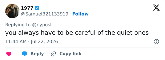Twitter reply from 1977 cautioning about quiet ones, referencing the mime accused of terrorizing women with a cooking oil stunt. Twitter reply from 1977 cautioning about quiet ones, referencing the mime accused of terrorizing women with a cooking oil stunt.
