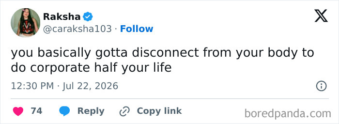 A tweet about disconnecting from your body for corporate life, titled: Hilariously Painful Realities About 9-To-5 Life.