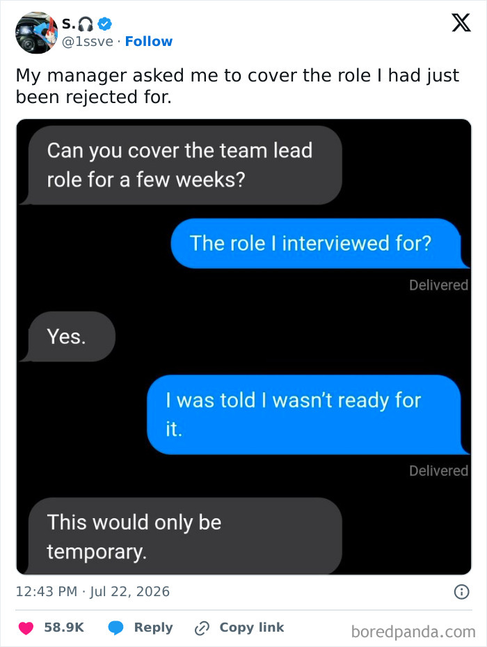 A screenshot of a text conversation about a manager asking an employee to cover a 9-to-5 life role they were rejected for.