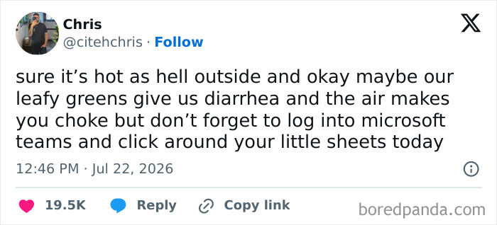 A social media post discussing the painful realities of 9-to-5 life, with an ironic reminder to log into Microsoft Teams.