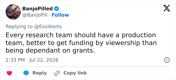 Tweet by BanjoPilled suggesting research teams need production teams for funding. Tweet by BanjoPilled suggesting research teams need production teams for funding.