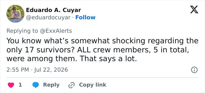 Tweet by Eduardo A. Cuyar highlighting that all 5 crew members survived the Pan Am plane crash. Tweet by Eduardo A. Cuyar highlighting that all 5 crew members survived the Pan Am plane crash.