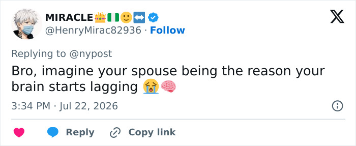 A social media post questioning the link between a spouse and developing dementia.