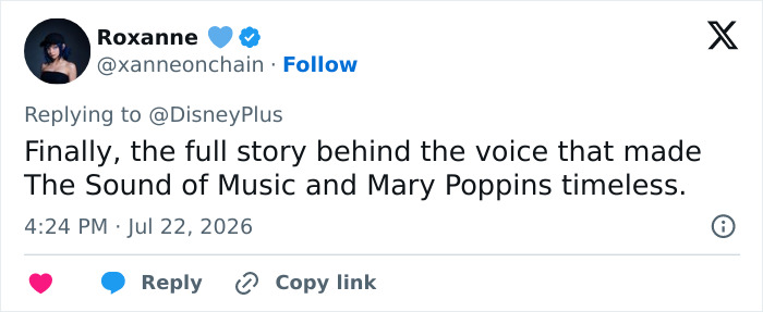 A social media post from 'Roxanne' anticipating the full story behind Julie Andrews, the voice of Sound of Music and Mary Poppins. A social media post from 'Roxanne' anticipating the full story behind Julie Andrews, the voice of Sound of Music and Mary Poppins.