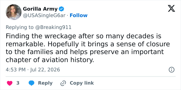 Tweet by Gorilla Army expressing hope for closure after the Pan Am plane crash discovery. Tweet by Gorilla Army expressing hope for closure after the Pan Am plane crash discovery.
