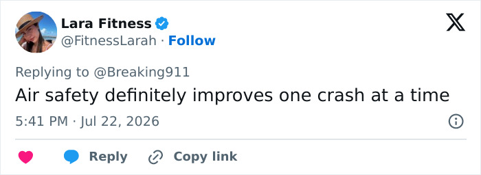 A Twitter post from Lara Fitness, commenting on air safety improvements after the Pan Am plane crash. A Twitter post from Lara Fitness, commenting on air safety improvements after the Pan Am plane crash.