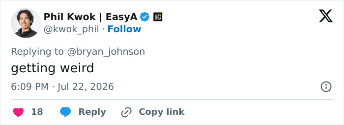Screenshot of a tweet from Phil Kwok replying to Bryan Johnson about cloning himself as a baby Screenshot of a tweet from Phil Kwok replying to Bryan Johnson about cloning himself as a baby