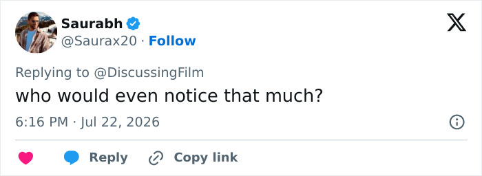 Screenshot of a tweet by Saurabh asking who would notice the Ryan Gosling mistake.