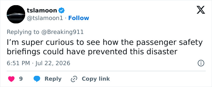 A tweet by tsla_moon asking how passenger safety briefings could have prevented the Pan Am plane crash in 1952. A tweet by tsla_moon asking how passenger safety briefings could have prevented the Pan Am plane crash in 1952.