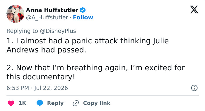 Screenshot of a tweet showing a user's reaction to Disney sparking backlash with Julie Andrews' portrait. Screenshot of a tweet showing a user's reaction to Disney sparking backlash with Julie Andrews' portrait.