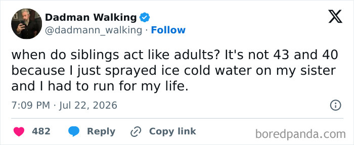 Funny meme about raising kids: A tweet about adult siblings acting childish, spraying each other with water.