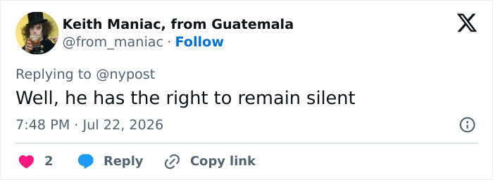 Twitter reply from Keith Maniac, from Guatemala, stating that a mime has the right to remain silent in the cooking oil stunt. Twitter reply from Keith Maniac, from Guatemala, stating that a mime has the right to remain silent in the cooking oil stunt.