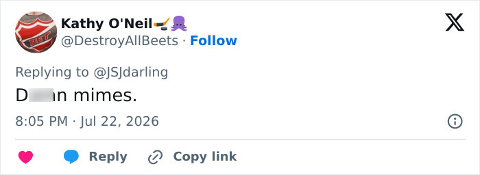 A social media post with a profile picture featuring a hockey logo and an octopus, commenting on mimes. A social media post with a profile picture featuring a hockey logo and an octopus, commenting on mimes.