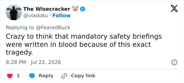 A Twitter post from The Wisecracker about mandatory safety briefings linked to the Pan Am plane crash tragedy. A Twitter post from The Wisecracker about mandatory safety briefings linked to the Pan Am plane crash tragedy.