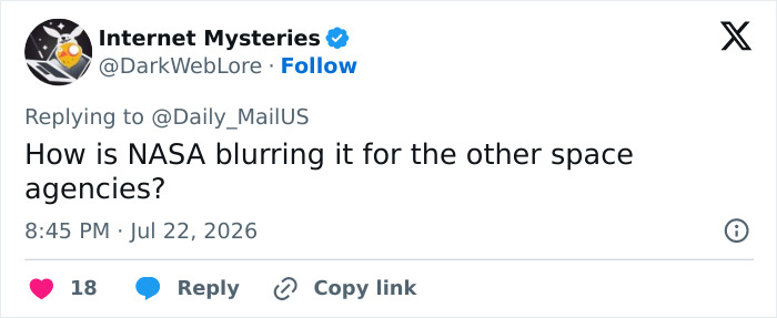 Tweet questioning how NASA blurs photos to hide alien presence from other space agencies.