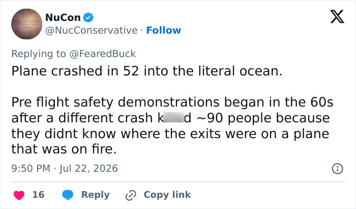 A Twitter post from NuCon discussing the 1952 Pan Am plane crash and subsequent safety demonstrations. A Twitter post from NuCon discussing the 1952 Pan Am plane crash and subsequent safety demonstrations.