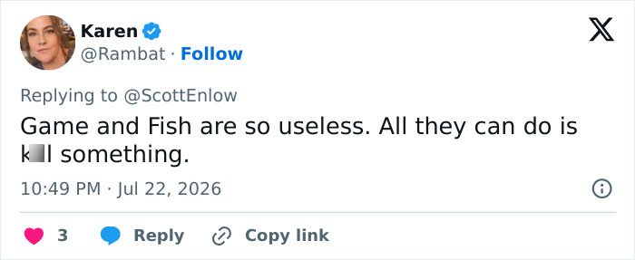 Tweet by Karen, expressing frustration with Game and Fish regarding the bear stuck atop a telephone pole. Tweet by Karen, expressing frustration with Game and Fish regarding the bear stuck atop a telephone pole.