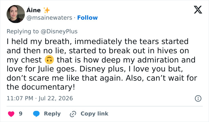 A social media post from 'Áine' describing a strong emotional reaction to Disney's Julie Andrews portrait and love for Julie. A social media post from 'Áine' describing a strong emotional reaction to Disney's Julie Andrews portrait and love for Julie.