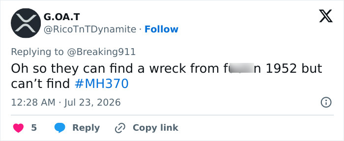 Tweet by G.O.A.T questioning why a 1952 Pan Am plane crash wreck can be found but not #MH370. Tweet by G.O.A.T questioning why a 1952 Pan Am plane crash wreck can be found but not #MH370.