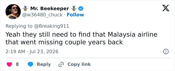 A tweet by Mr. Beekeeper discussing the need to find the Malaysia airline that went missing, related to the Pan Am plane. A tweet by Mr. Beekeeper discussing the need to find the Malaysia airline that went missing, related to the Pan Am plane.