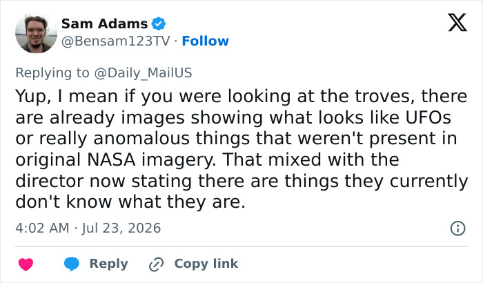 A Twitter post by Sam Adams discussing UFOs and anomalous things in NASA imagery, hinting at an alien presence.