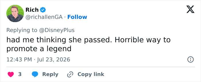 Screenshot of a tweet from Rich expressing backlash about Disney's Julie Andrews' portrait post, thinking she had passed. Screenshot of a tweet from Rich expressing backlash about Disney's Julie Andrews' portrait post, thinking she had passed.