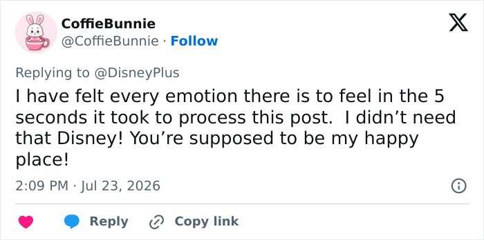 A social media post from 'CoffieBunnie' conveying intense emotions and disappointment with Disney's Julie Andrews portrait. A social media post from 'CoffieBunnie' conveying intense emotions and disappointment with Disney's Julie Andrews portrait.