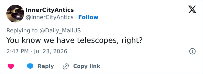 Tweet asking about the existence of telescopes in relation to NASA photo editing and alien presence.