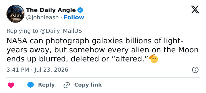 Tweet criticizing NASA for blurring or altering alien presence in photos despite photographing distant galaxies.