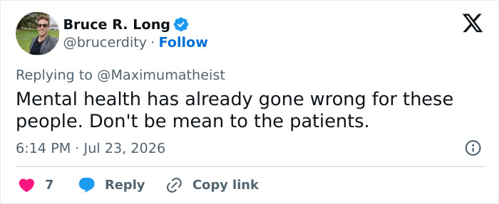 A tweet by Bruce R. Long suggesting that the concept of men-only gyms indicates a mental health issue.