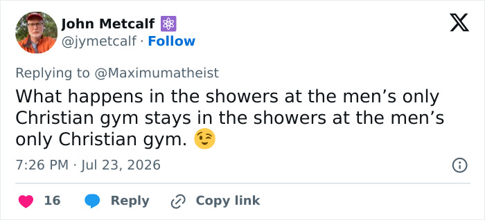 A tweet about men-only gyms, stating what happens in the showers stays there, poking fun at Christian men.