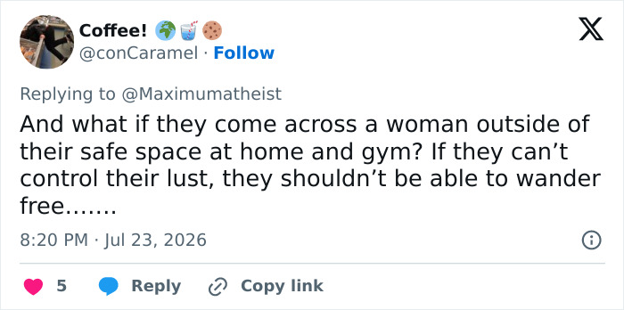 Twitter replies criticizing men-only gyms and Christian men's inability to control lust outside safe spaces.