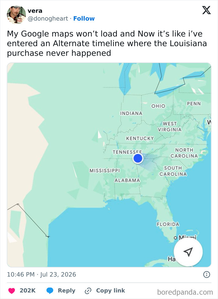 Funny tweets from July: Vera's tweet about Google Maps not loading, making it seem like an alternate timeline.