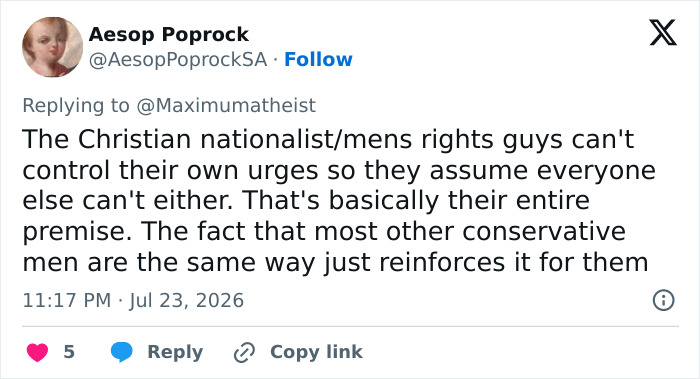 A tweet about men-only gyms, Christian men, and men's rights being unable to control their urges.