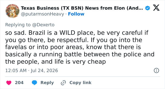 Screenshot of a tweet by @putarmsonHeavy about the dangers of Brazil regarding the Goth influencer and boyfriend. Screenshot of a tweet by @putarmsonHeavy about the dangers of Brazil regarding the Goth influencer and boyfriend.