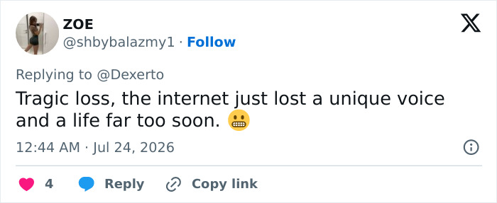 Tweet mourning the tragic loss of the goth influencer and boyfriend found lifeless on a rural countryside road. Tweet mourning the tragic loss of the goth influencer and boyfriend found lifeless on a rural countryside road.