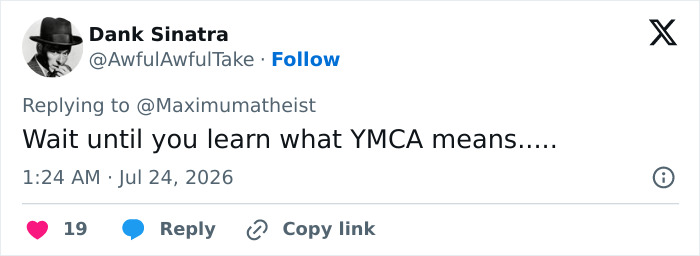 A tweet about men-only gyms, mentioning YMCA and ridiculing the concept.