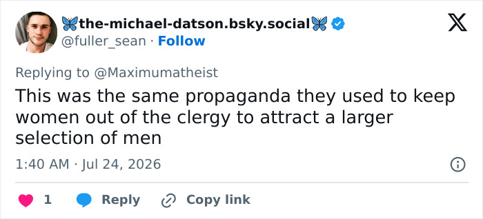 A tweet about men-only gyms using propaganda to keep women out of the clergy, attracting more men.