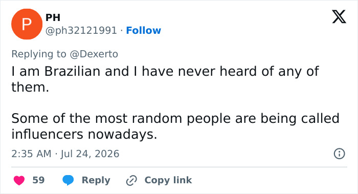 Tweet by a Brazilian user unaware of the goth influencer and boyfriend found lifeless, commenting on influencers. Tweet by a Brazilian user unaware of the goth influencer and boyfriend found lifeless, commenting on influencers.