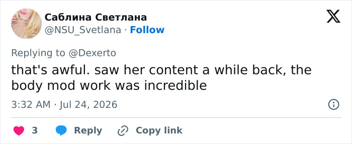 Tweet expressing sadness over the lifeless goth influencer and boyfriend found on rural countryside road. Tweet expressing sadness over the lifeless goth influencer and boyfriend found on rural countryside road.