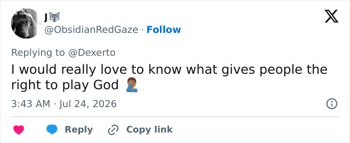 Tweet questioning who has the right to play God after the goth influencer and boyfriend were found lifeless. Tweet questioning who has the right to play God after the goth influencer and boyfriend were found lifeless.