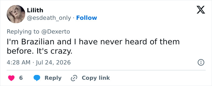 Screenshot of a tweet by @esdeath_only from a Brazilian user unaware of the Goth influencer and boyfriend. Screenshot of a tweet by @esdeath_only from a Brazilian user unaware of the Goth influencer and boyfriend.